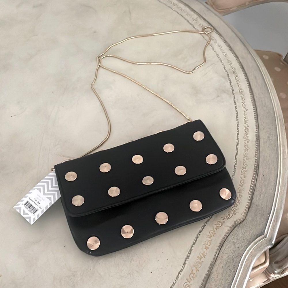 Ladies sundial black clutch with gold chain